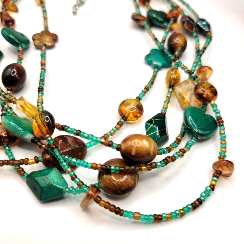 Boho multi-strand fall toned  blue brown beaded necklace